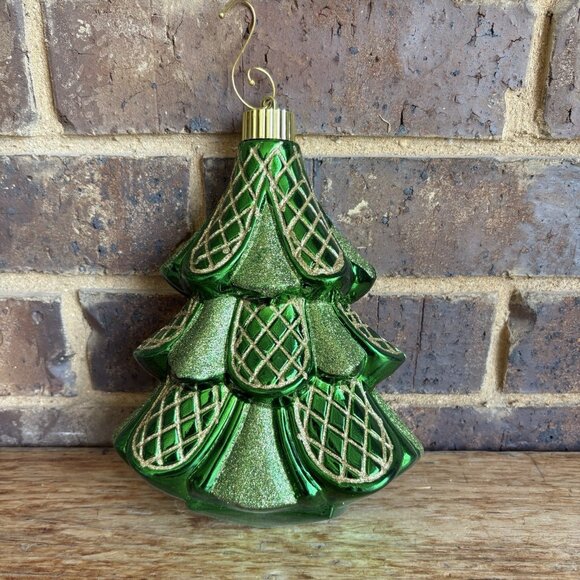 Jumbo Shatterproof Christmas Ornament Christmas Tree Green Gold 9”x6.5” - Picture 1 of 7